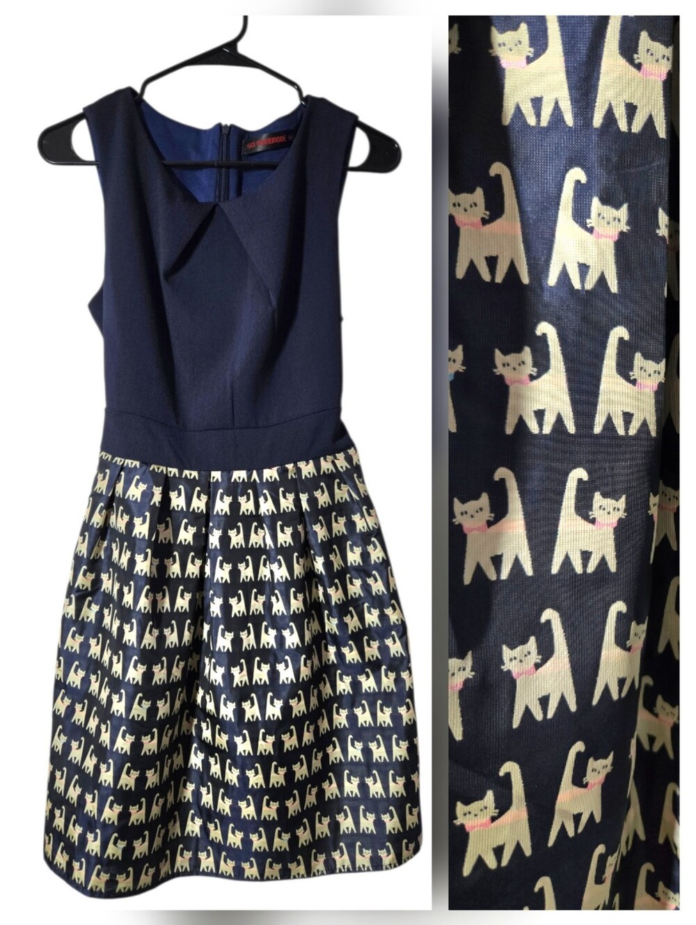 SM Wardrobe Navy Blue Novelty Cat Print Tie Back Dress